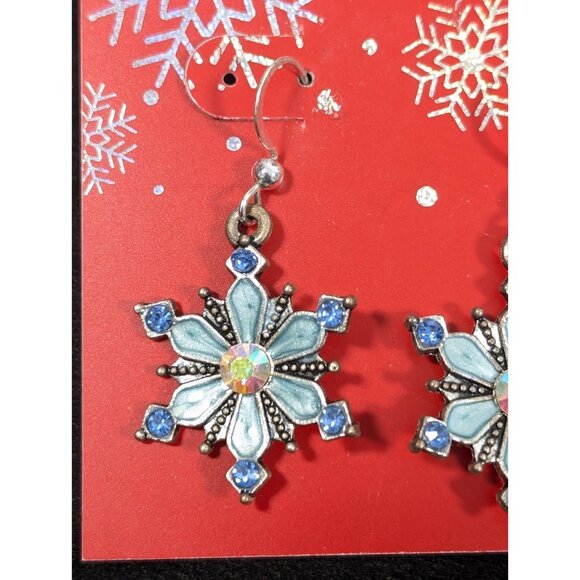 Christmas Winter Snowflake Earrings Blue Aurora Borealis Crystal Dangle Drop - Picture 3 of 8